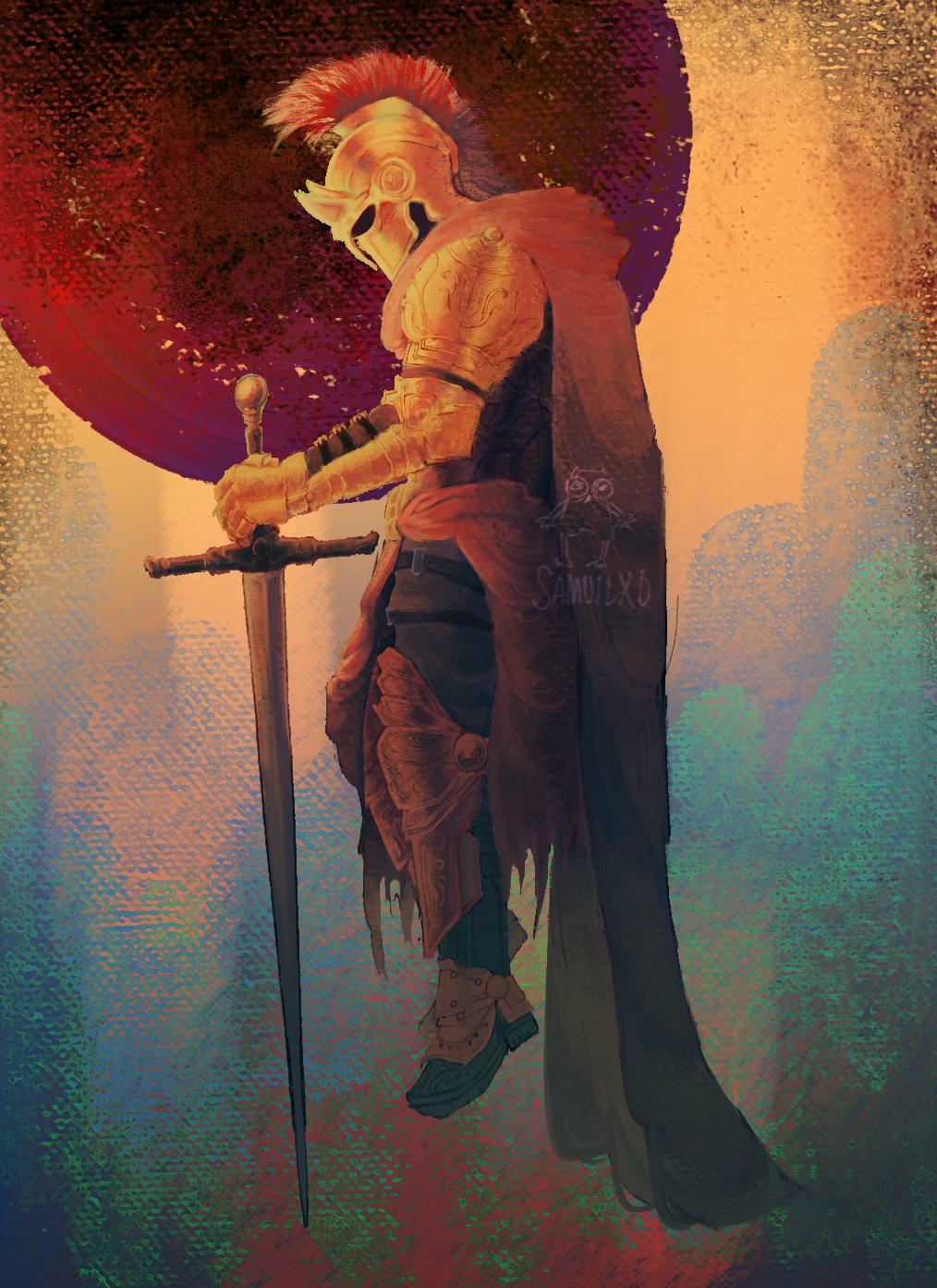 armor, breastplate, cape, clothes_around_waist, corinthian_helmet, covered_face, d3rlord3, from_side
