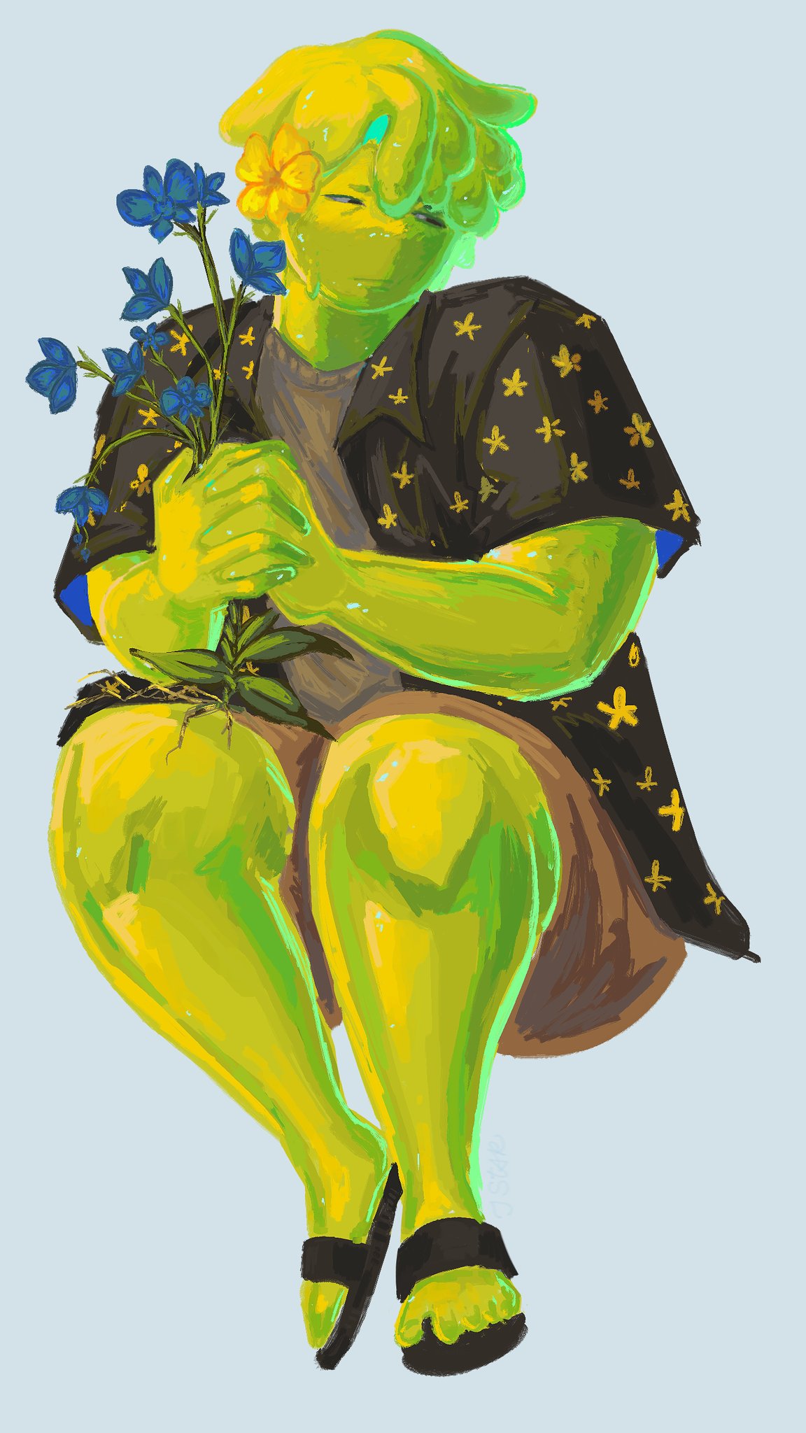 1boy, averythemayo, black_shirt, cargo_shorts, collared_shirt, colored_skin, floral_print, flower, green_skin, grey_shirt, hair_flower, hair_ornament, hawaiian_shirt, highres, holding, holding_flower, jeliesandstars, male_focus, monster_boy, own_hands_clasped, own_hands_together, sandals, searching_for_a_world_that_doesn't_exist, shirt, shorts, slime_boy, solo