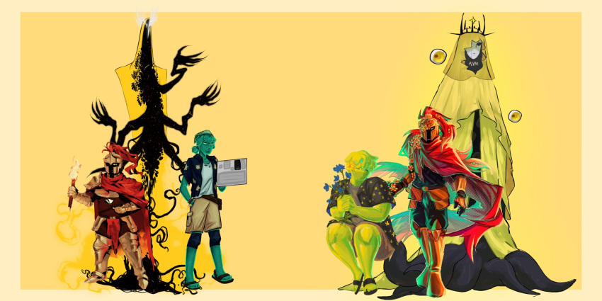 2others, 4boys, ambiguous_gender, armor, averythemayo, black_shirt, breastplate, cape, cargo_pants, cloak, colored_skin, corinthian_helmet, corpsejerky, crown, d3rlord3, floral_print, full_body, genyakisser, green_skin, hawaiian_shirt, highres, hood, hood_up, hooded_cloak, jeliesandstars, knight, monster_boy, multiple_boys, multiple_others, pants, red_cape, saltyonigirih, searching_for_a_world_that_doesn't_exist, shirt, shoulder_armor, slime_boy, standing, the_king_in_yellow_(searching_for_a_world_that_doesn't_exist), theseascrash, undershirt, white_shirt, yellow_cloak, zerocubits0506