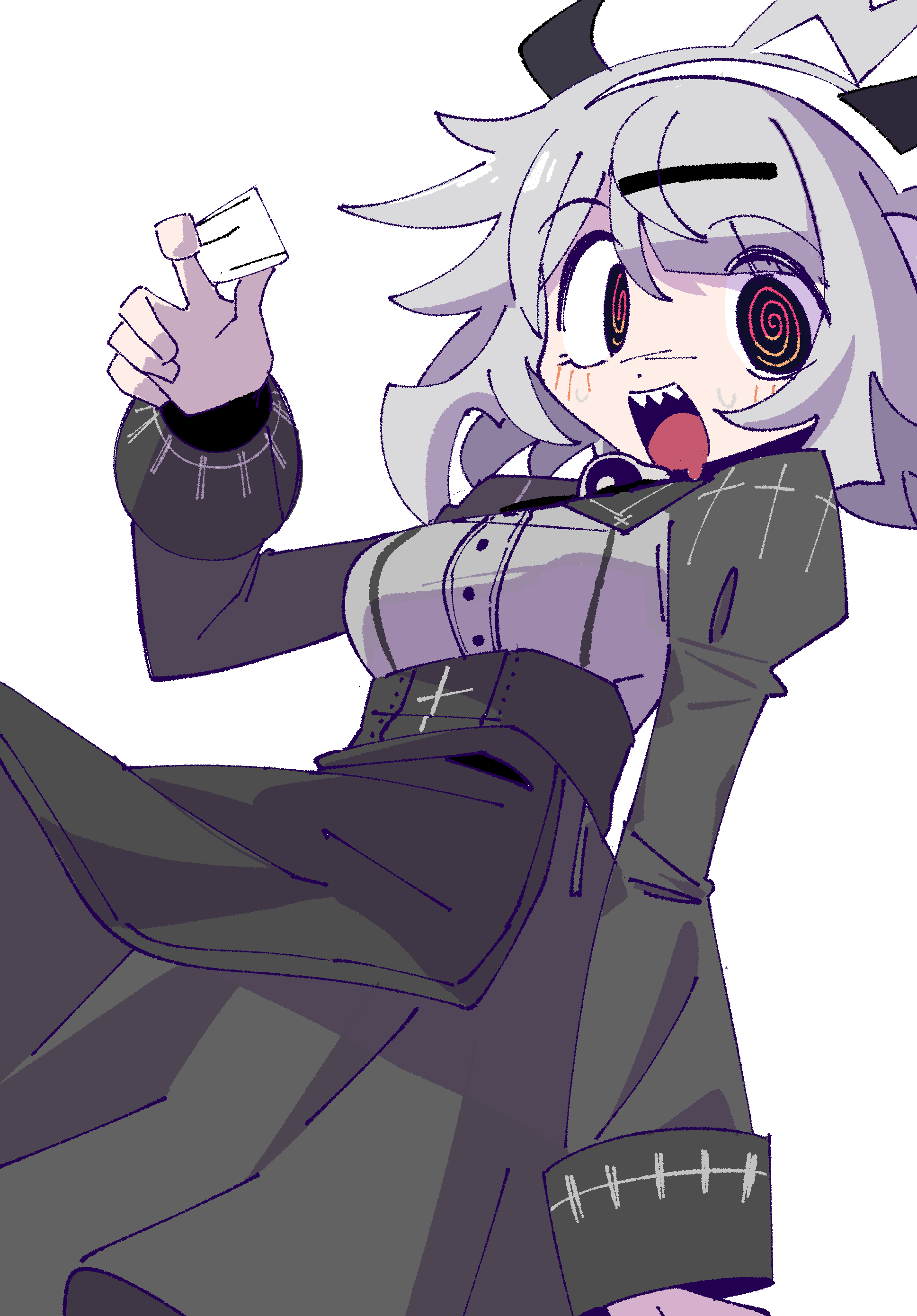1girl, @_@, absurdres, ahoge, black_skirt, black_sleeves, cosplay, cup, drinking_glass, femme_soule, femme_soule_(cosplay), grey_hair, grey_shirt, gunsung33, highres, holding, holding_cup, horned_headphones, juliet_sleeves, long_sleeves, open_mouth, puffy_sleeves, pukey_goddess_shot_trick, q-chan_(yunyun_denpa_syndrome), sharp_teeth, shirt, shot_glass, skirt, smile, teeth, white_background, yunyun_denpa_syndrome