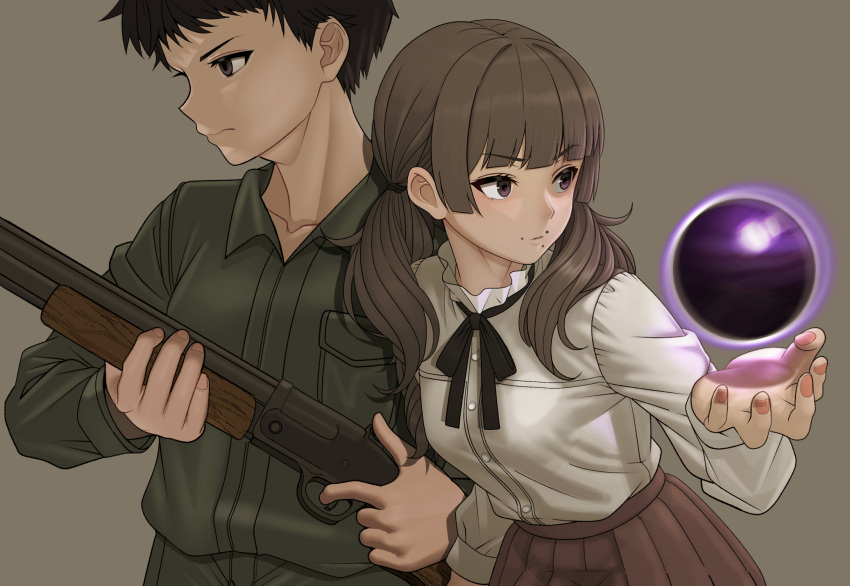 1boy, 1girl, black_hair, black_ribbon, breasts, brown_background, brown_eyes, brown_hair