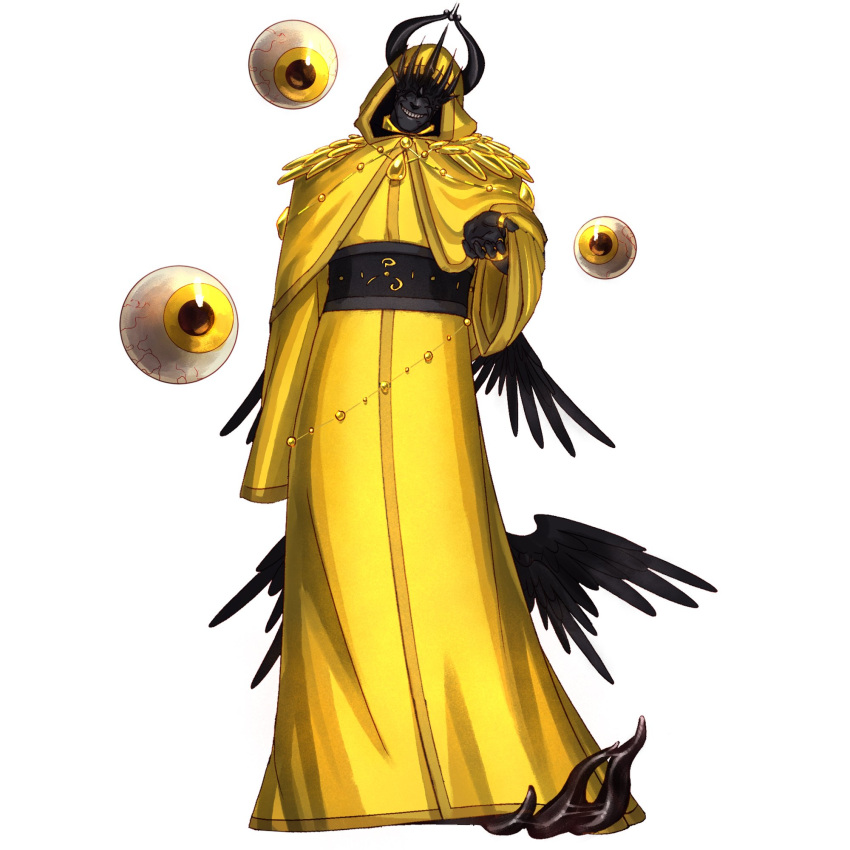 1other, alistartdraws, ambiguous_gender, black_wings, cloak, disembodied_eye, head_tilt, highres, hood, hood_up, hooded_cloak, horns, multiple_wings, other_focus, searching_for_a_world_that_doesn't_exist, solo, tentacles, the_king_in_yellow_(searching_for_a_world_that_doesn't_exist), wings, yellow_cloak