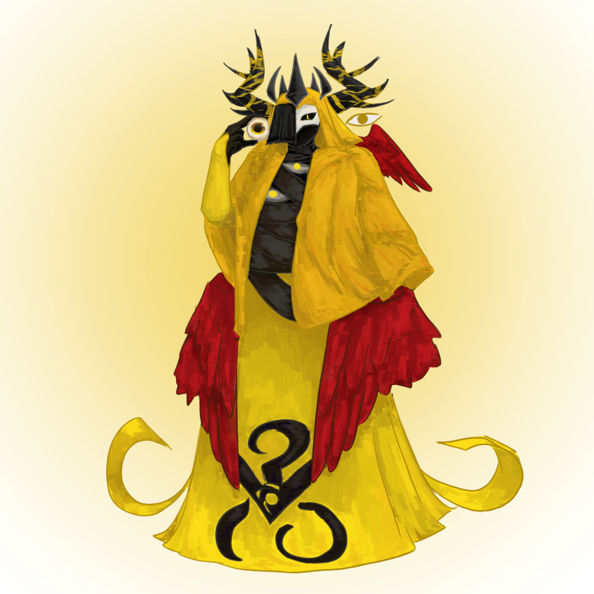 1other, ambiguous_gender, bupkyss, cloak, eyeball, highres, holding, holding_eyeball, hood, hood_up, hooded_cloak, horns, mask, multiple_wings, other_focus, red_wings, searching_for_a_world_that_doesn't_exist, solo, the_king_in_yellow_(searching_for_a_world_that_doesn't_exist), wings, yellow_cloak
