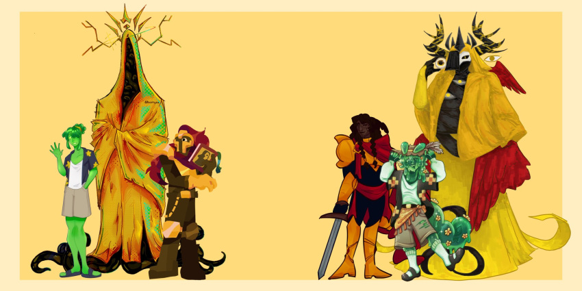 2others, 4boys, ambiguous_gender, armor, artist_collaboration, averythemayo, black_shirt, book