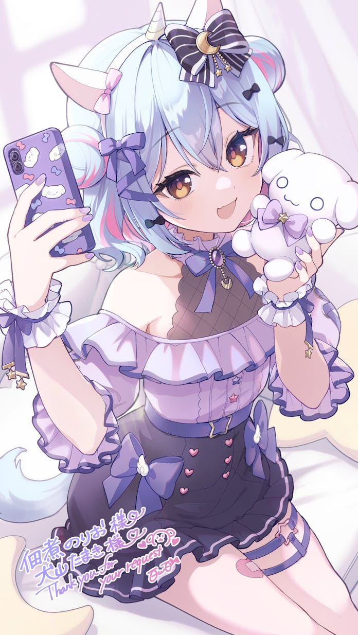 1boy, :d, bare_shoulders, black_skirt, blue_bow, blue_hair, bow, cellphone