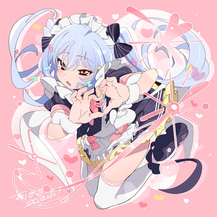 1boy, apron, black_dress, black_shirt, blue_bow, blue_hair, bow, brown_eyes, commission, crossdressing, crossdressing_(mtf), dress, frilled_apron, frilled_headwear, frills, full_body, hair_bow, heart, heart_hands, inuyama_tamaki, inuyama_tamaki_(2nd_costume), long_hair, looking_at_viewer, maid, maid_apron, maid_headdress, male_focus, noripro, open_mouth, pink_background, pink_bow, puffy_short_sleeves, puffy_sleeves, satou_asuka, shirt, shoe_soles, short_sleeves, skeb_commission, solo, trap, very_long_hair, white_apron, white_wrist_cuffs, wrist_cuffs