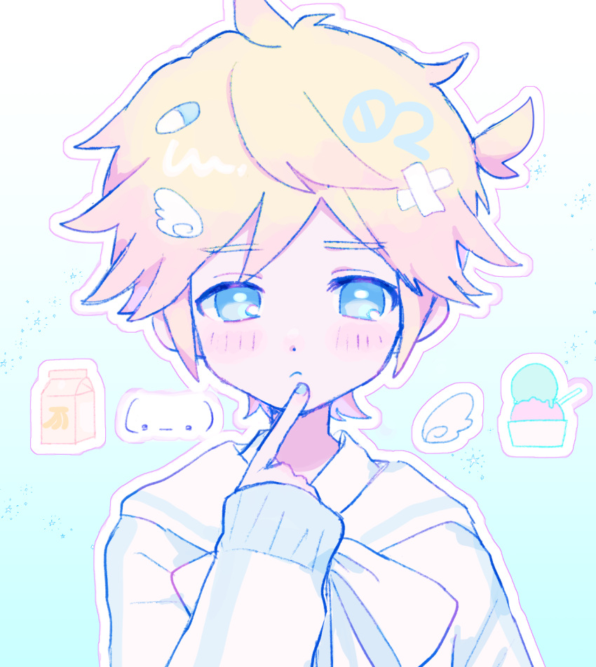 1boy, alternate_costume, angel_wings_hair_ornament, arm_up, banana_milk, blonde_hair, blue_eyes, blue_nails