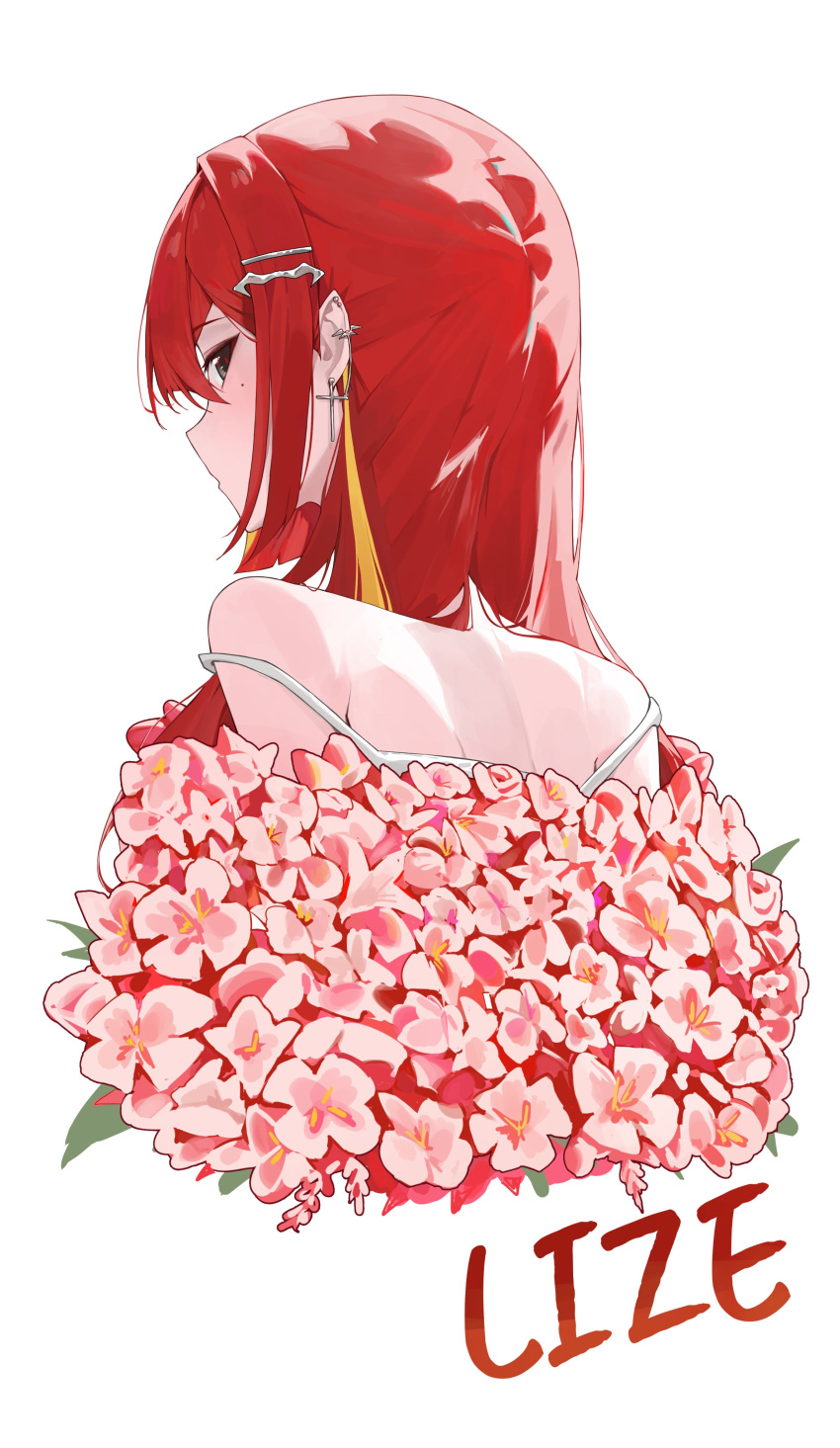 1girl, absurdres, akane_lize, bare_shoulders, character_name, commentary_request, cropped_shoulders, cross