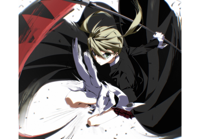 1girl, black_coat, blonde_hair, coat, gloves, green_eyes, highres, holding