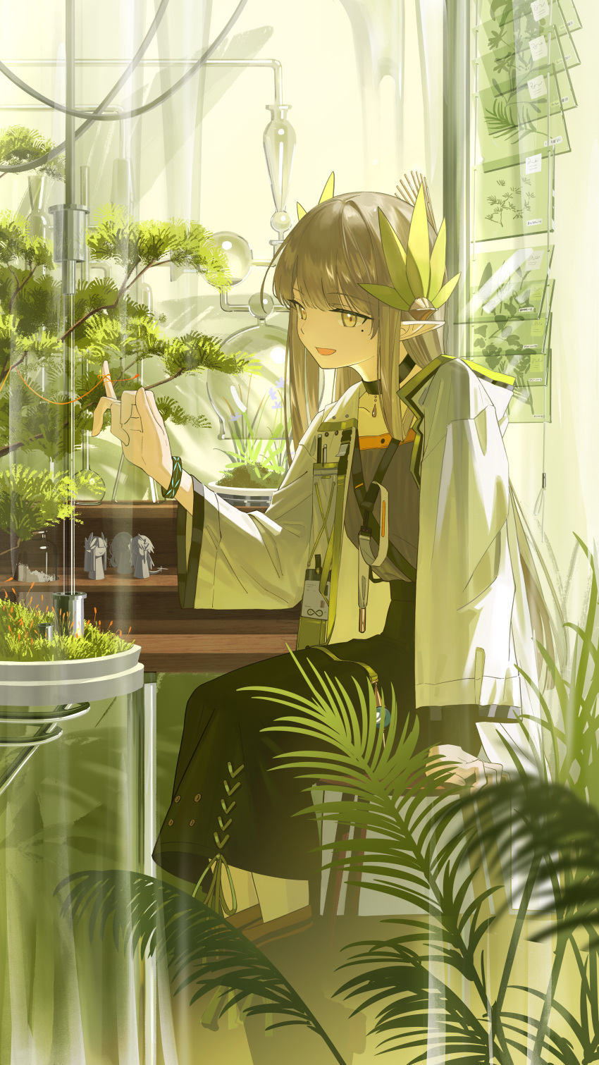 1girl, absurdres, arknights, black_choker, black_skirt, bonsai, brown_eyes, brown_hair