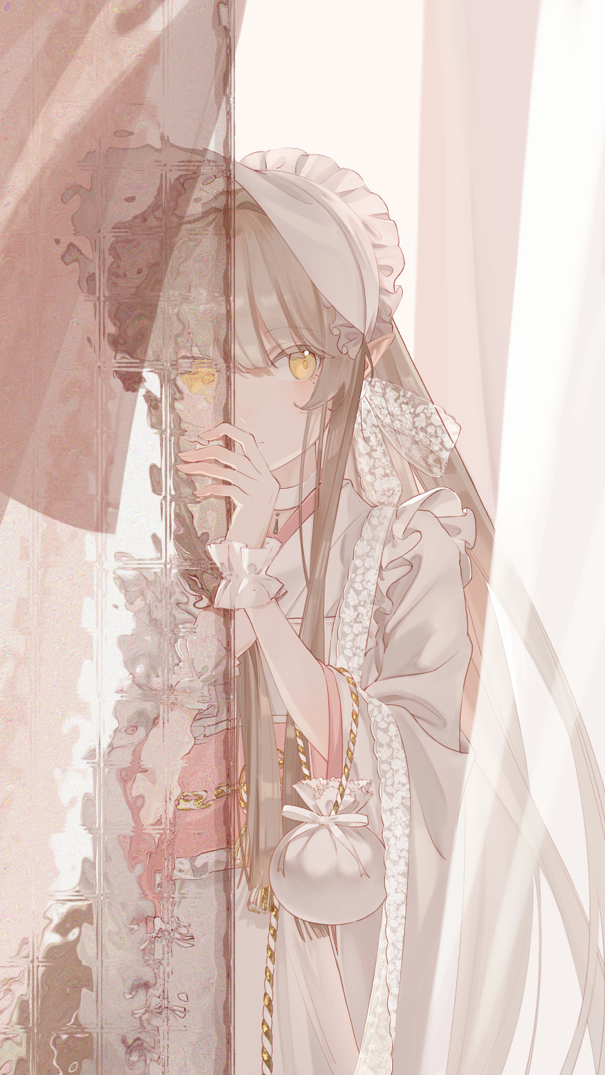 1girl, absurdres, alternate_costume, apron, arknights, bag_charm, blonde_hair, bonnet