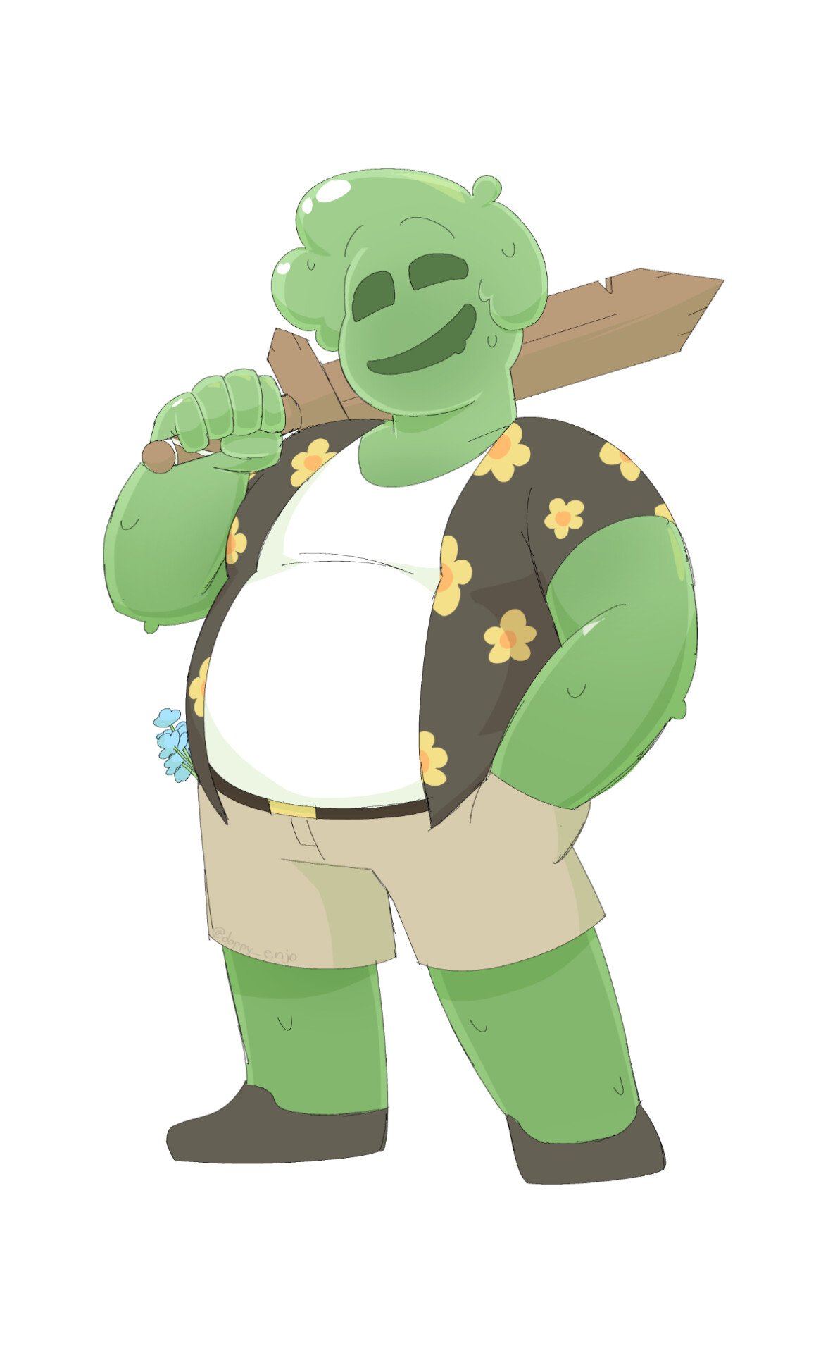 1boy, averythemayo, black_shirt, colored_skin, doppy_enjo, full_body, green_skin, hand_in_pocket, hawaiian_shirt, highres, holding, holding_sword, holding_weapon, male_focus, monster_boy, over_shoulder, sandals, searching_for_a_world_that_doesn't_exist, shirt, slime_boy, solo, sword, weapon, weapon_over_shoulder, white_shirt