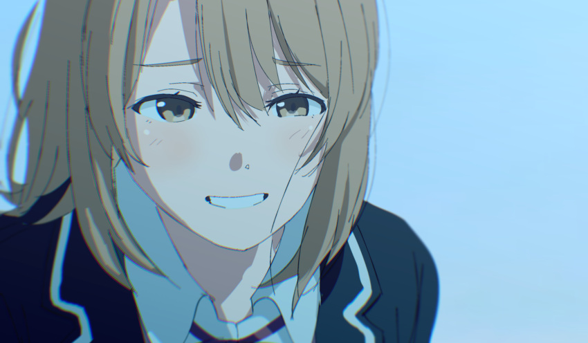 1girl, black_jacket, blazer, blush, breasts, brown_eyes, brown_hair, collared_shirt, commentary_request, highres, isshiki_iroha, jacket, looking_at_viewer, medium_hair, school_uniform, shirt, siyuyukika, smile, sobu_high_school_uniform, solo, white_shirt, winter_uniform, yahari_ore_no_seishun_lovecome_wa_machigatteiru.