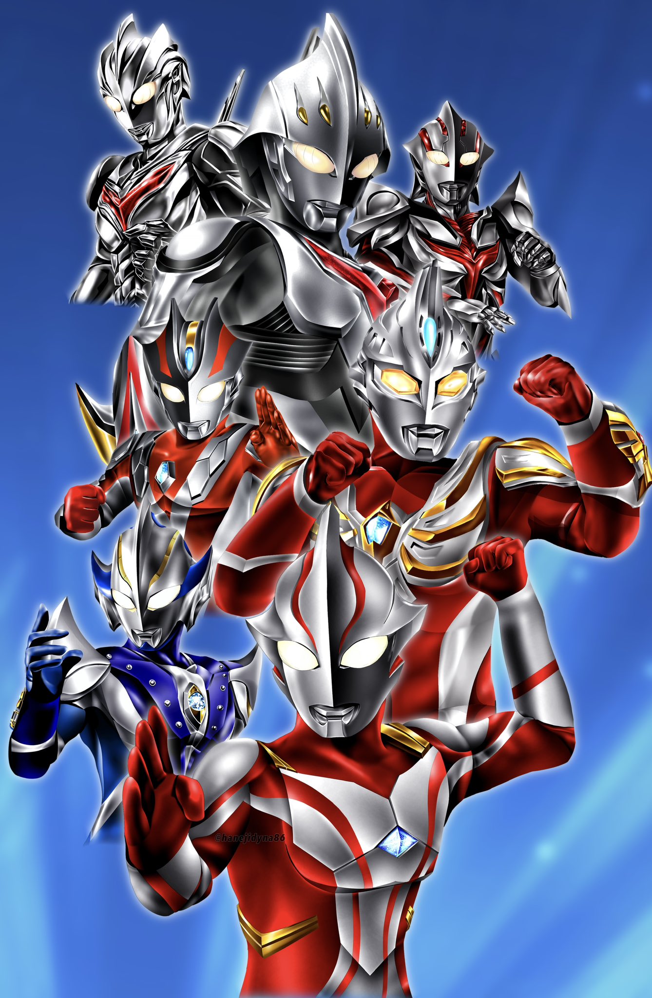 5boys, alien, arm_guards, arm_up, armor, blue_background, blue_gem, blue_skin