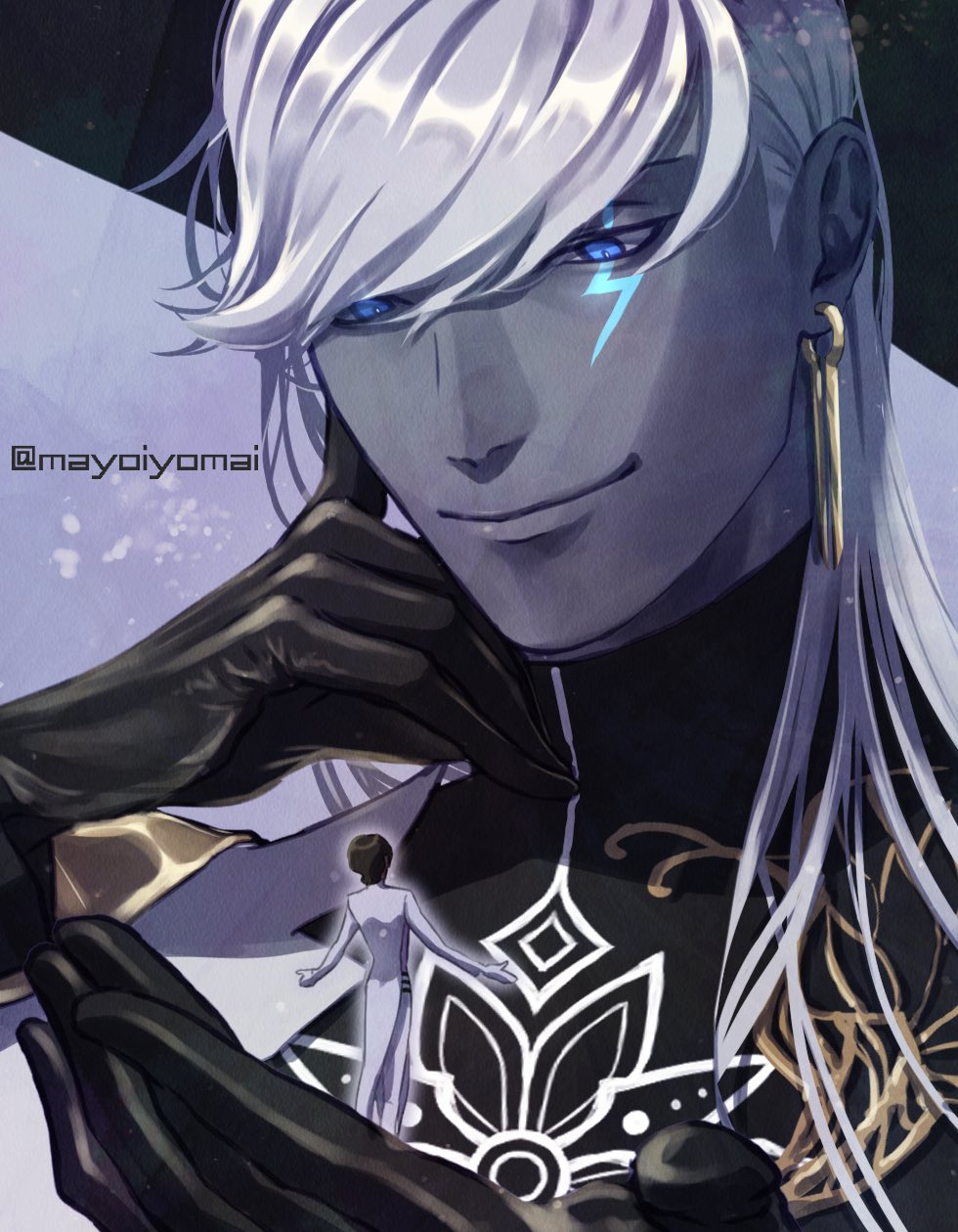 2boys, alternate_hair_length_(longer), alternate_size, arjuna_(fate), arjuna_(second_ascension)_(fate), black_gloves, black_hair, black_jacket, blue_eyes, closed_mouth, coat, colored_skin, commentary_request, earrings, facial_mark, fate/grand_order, fate_(series), father_and_child, father_and_son, giant, gloves, gold_earrings, grey_skin, hair_behind_ear, hair_between_eyes, hand_on_own_cheek, hand_on_own_face, hands_up, highres, in_palm, indra_(fate), jacket, jewelry, lightning_bolt_facial_mark, lightning_bolt_symbol, long_hair, long_sleeves, looking_at_another, male_focus, mayoiyomai, multiple_boys, pants, parent_and_child, short_hair, smile, standing, swept_bangs, turtleneck, turtleneck_jacket, twitter_username, white_coat, white_gloves, white_hair, white_pants