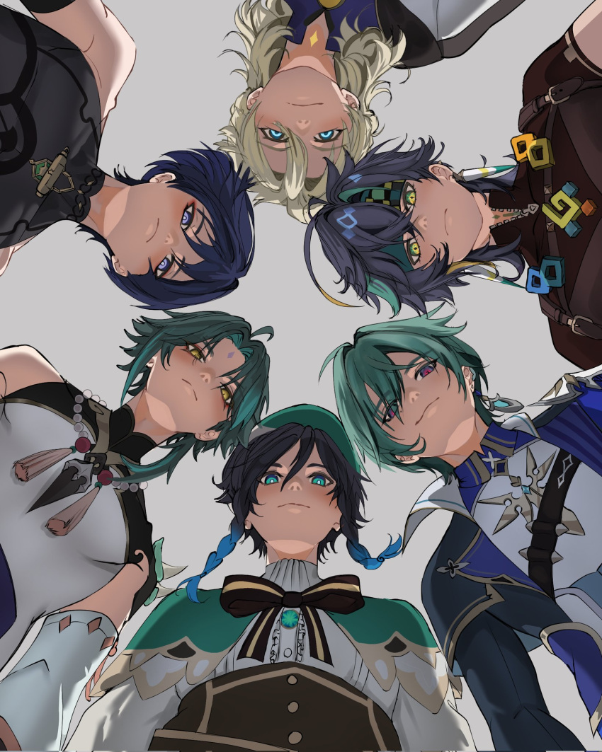 6+boys, albedo_(genshin_impact), armor, bead_necklace, beads, belt, beret, black_hair