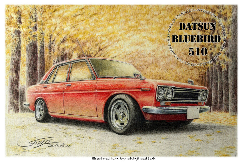 artist_name, autumn_leaves, border, car, colored_pencil_(medium), commentary_request, dated, datsun