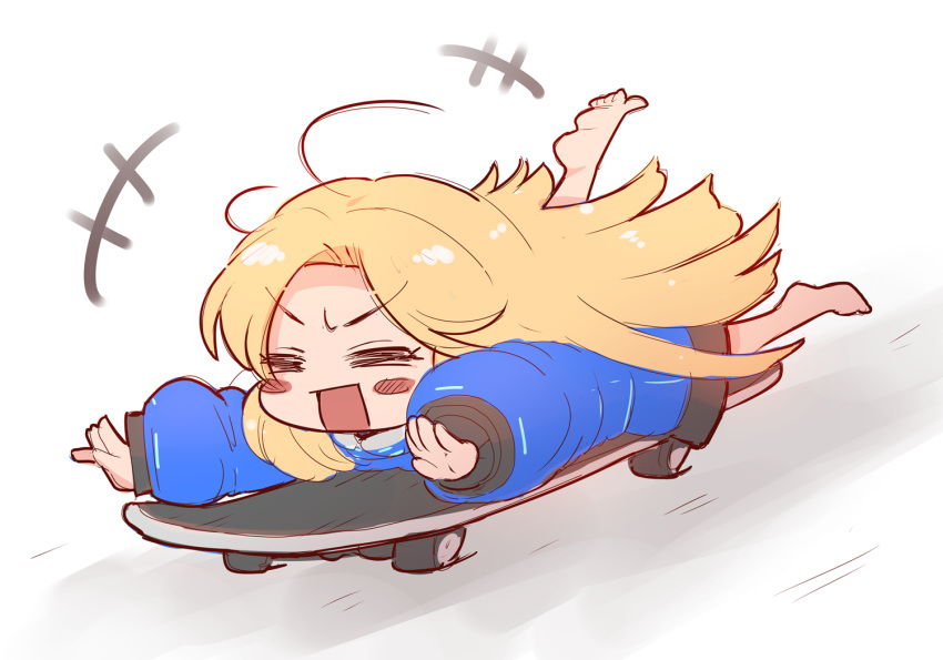 1girl, :d, barefoot, blonde_hair, blue_coat, blush_stickers, closed_eyes, coat