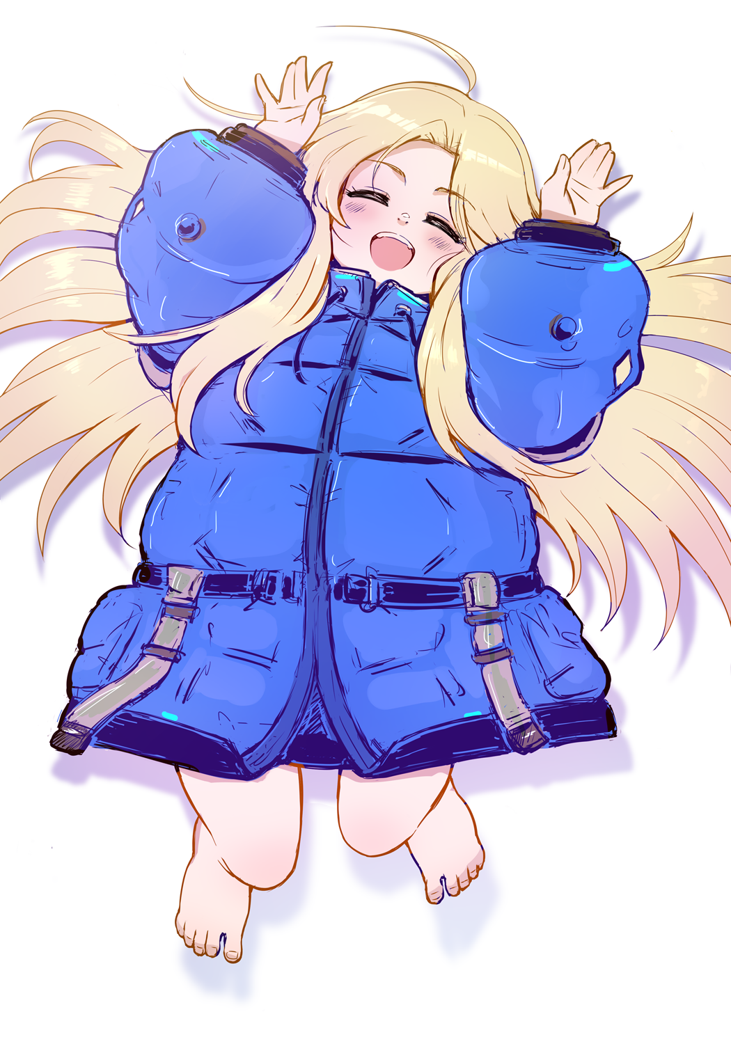 1girl, :d, arms_up, blonde_hair, blue_coat, closed_eyes, coat, commentary_request