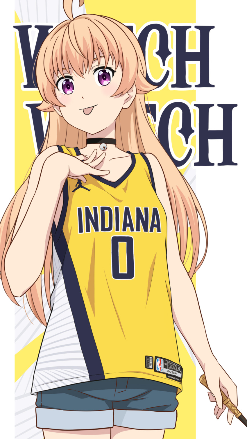 1girl, ahoge, bare_shoulders, bell, black_choker, blonde_hair, breasts, choker
