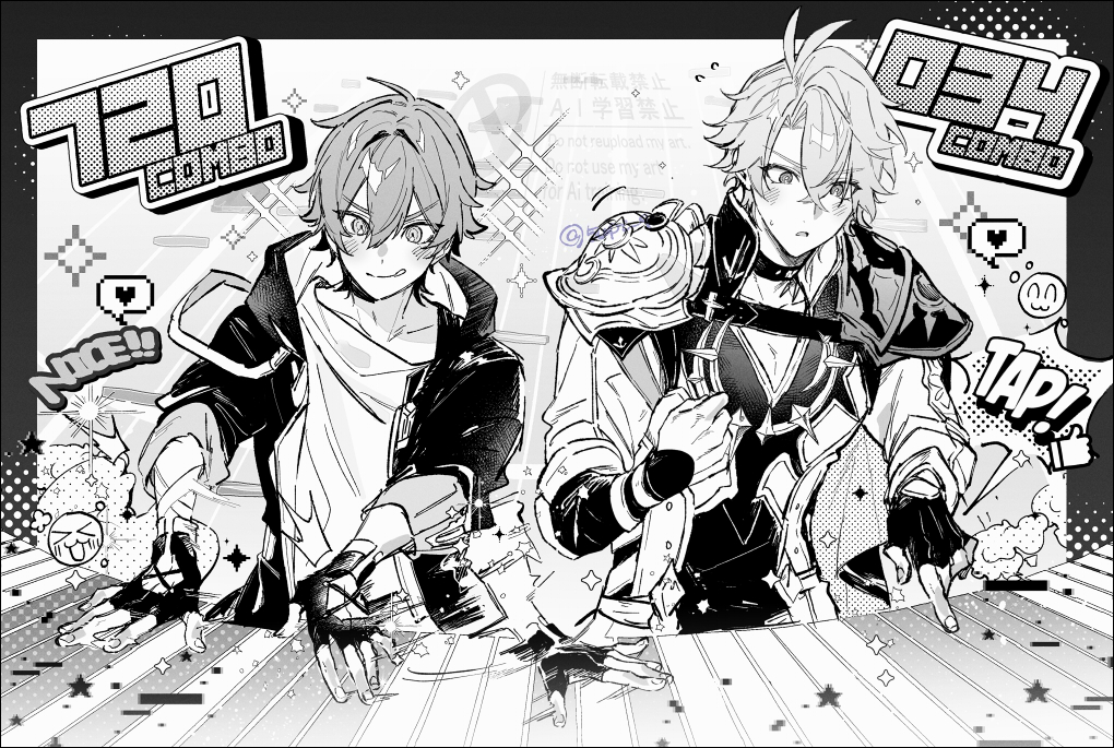 >_<, 2boys, 5wpt_4, antenna_hair, arm_ribbon, armor, bishie_sparkle, blush, caelus_(honkai:_star_rail), cape, choker, closed_mouth, collarbone, commentary, crossed_bangs, emoji, english_text, fingerless_gloves, fingernails, gloves, greyscale, hair_between_eyes, hand_up, heart, honkai:_star_rail, honkai_(series), hood, hooded_jacket, index_finger_raised, instrument, jacket, lapels, long_sleeves, looking_at_object, looking_down, male_focus, monochrome, multiple_boys, music, open_clothes, open_jacket, open_mouth, outside_border, phainon_(honkai:_star_rail), playing_instrument, playing_piano, puffy_long_sleeves, puffy_sleeves, ribbon, shirt, short_hair, shoulder_armor, simple_background, single_glove, smile, speech_bubble, spoken_heart, sun_symbol, t-shirt, tongue, tongue_out, trailblazer_(honkai:_star_rail), two-sided_fabric, two-sided_jacket, untranslatable_commentary, upper_body, v-shaped_eyebrows, watermark