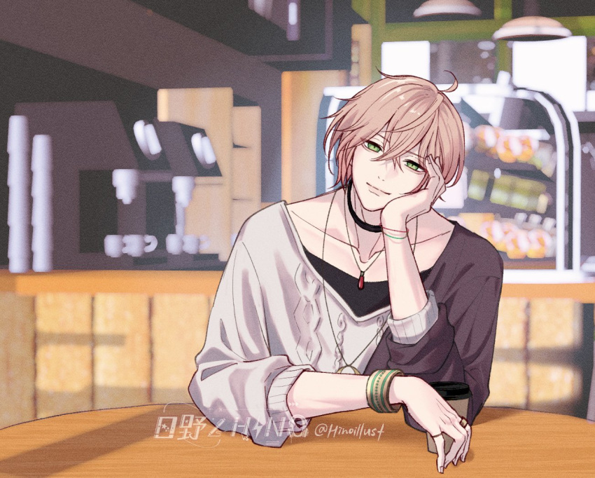 1boy, aegyo_sal, ahoge, black_choker, black_shirt, bracelet, brown_coat, cafe
