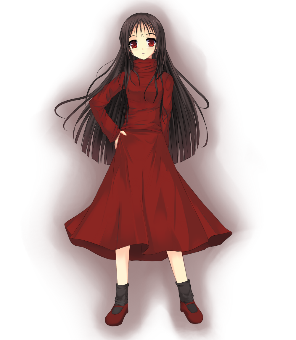 alma_wade, black_hair, black_legwear, brown_hair, dress, f.e.a.r., footwear, hand_on_hip