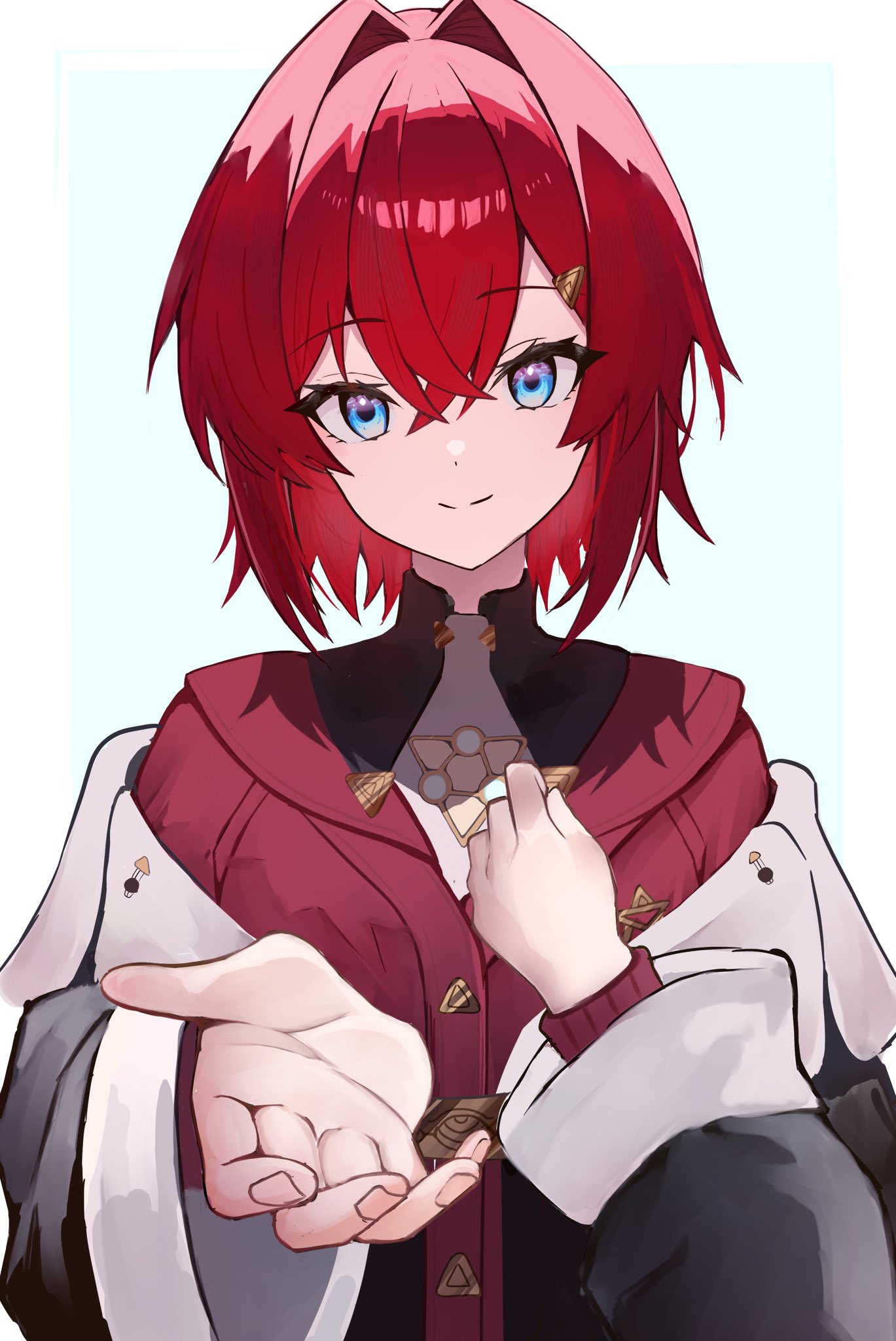 1girl, ange_katrina, ange_katrina_(1st_costume), beckoning, black_coat, blue_background, blue_eyes, cardigan, closed_mouth, coat, commentary, crossed_bangs, hair_between_eyes, hair_intakes, hair_ornament, hand_on_own_chest, hands_up, highres, iona_(107cm_fcl), long_sleeves, looking_at_viewer, medium_hair, multicolored_eyes, nijisanji, off_shoulder, open_hand, reaching, reaching_towards_viewer, red_cardigan, red_hair, simple_background, smile, solo, split_mouth, straight-on, triangle_hair_ornament, two-tone_eyes, untranslatable_commentary, upper_body, violet_eyes, virtual_youtuber