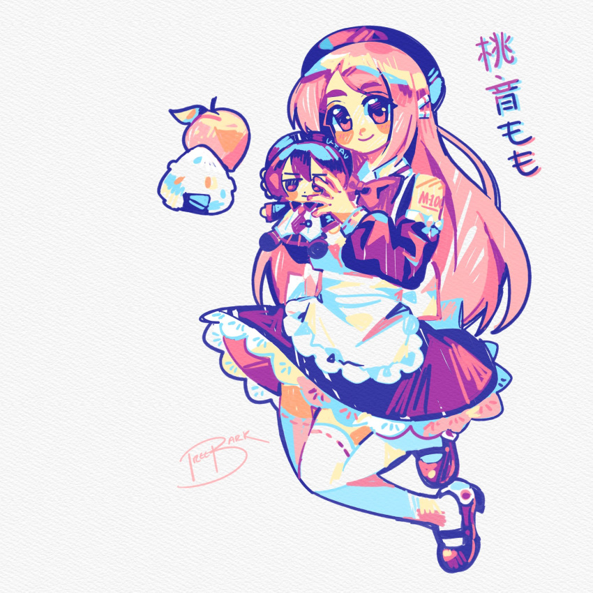 1girl, apron, beret, bow, character_doll, character_name, closed_mouth, commentary, doll, dress, food, frilled_apron, frills, fruit, hat, headphones, highres, holding, holding_doll, momone_momo, onigiri, peach, pink_eyes, pink_hair, purple_beret, purple_dress, purple_shoes, purple_theme, red_bow, shoes, signature, smile, thigh-highs, treebarkagain, untranslatable_commentary, utane_uta, utau, white_apron, white_background, white_thighhighs