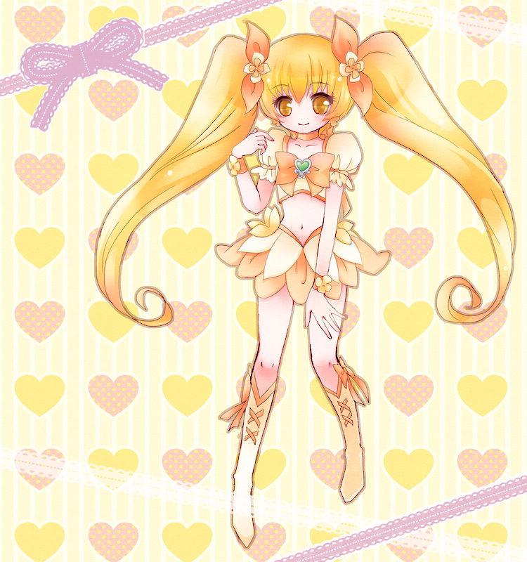 blonde_hair, boots, bow, brooch, choker, crop_top, cure_sunshine, dress