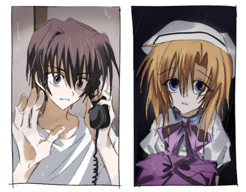 1boy, 1girl, aku3taga0wa1, beret, bow, bowtie, brown_hair, dress