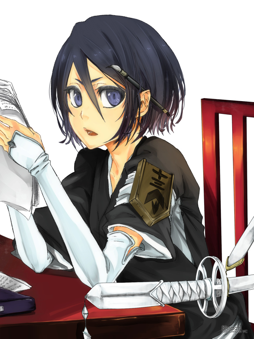 1girl, armband, black_hair, bleach, calligraphy_brush, chair, duplicate, elbow_gloves