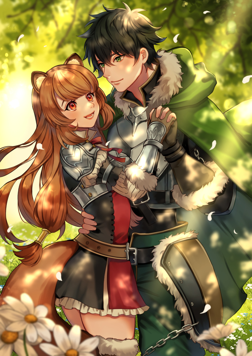 1boy, 1girl, :d, absurdres, alternate_color, animal_ear_fluff, animal_ears, armor