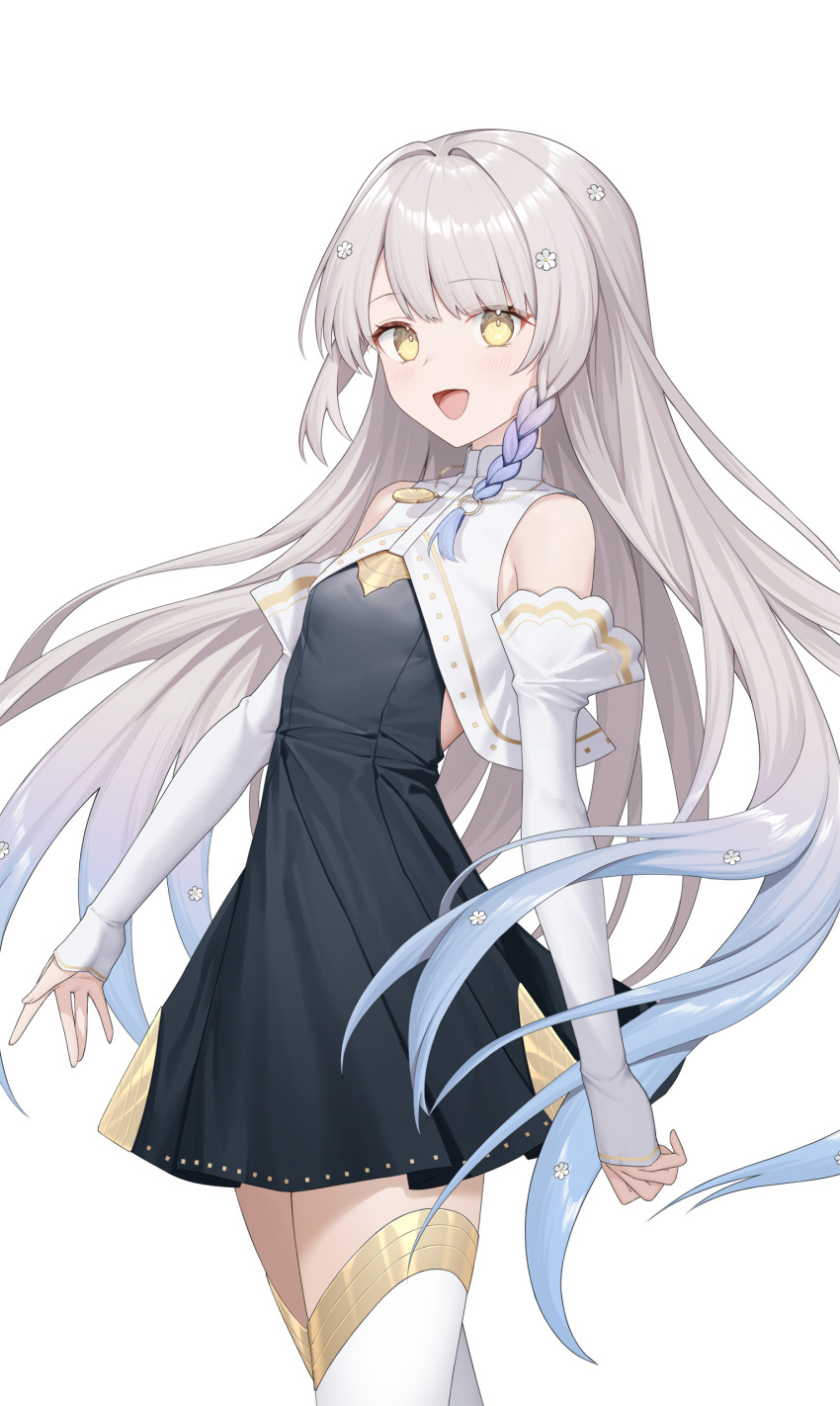 1girl, :d, absurdres, black_dress, blue_hair, braid, breasts, colored_tips