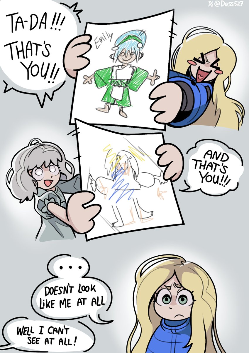 2girls, avatar:_the_last_airbender, avatar_legends, blind, blonde_hair, blue_coat, coat, crayon_drawing