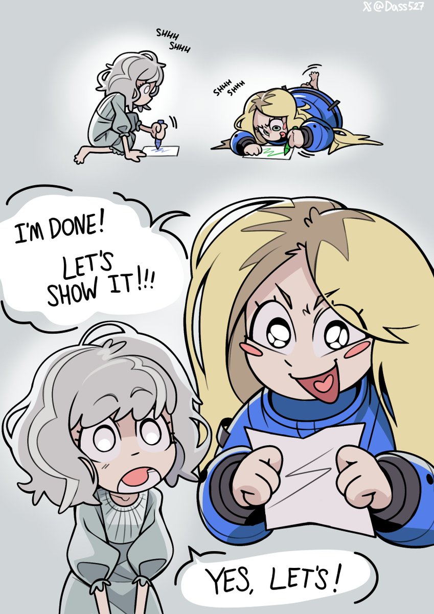 2girls, blonde_hair, blue_coat, coat, crayon_drawing, dass527, diana_(pragmata), doodled_object