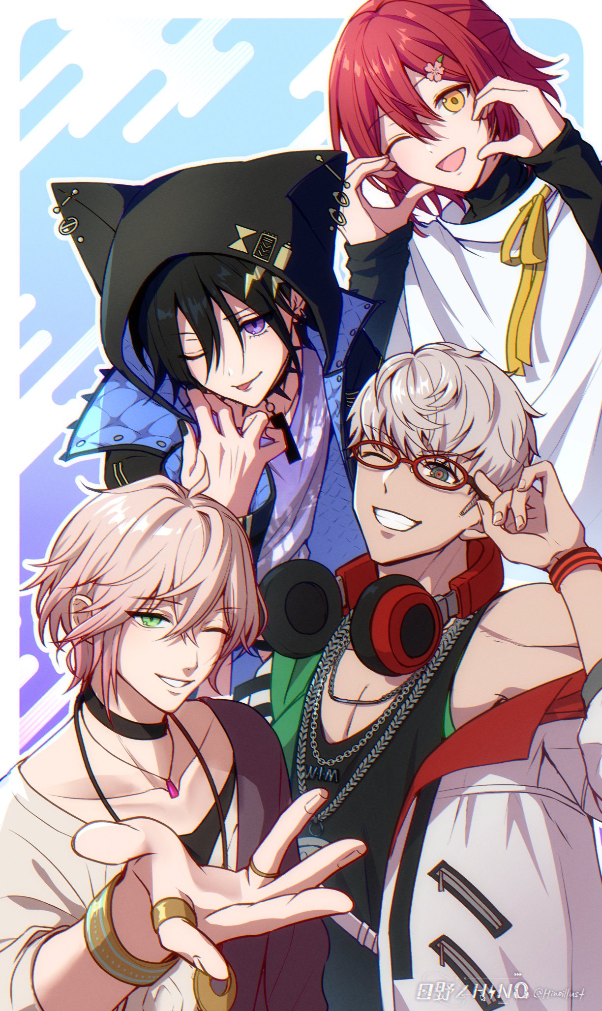 4boys, ;d, animal_ear_hood, arurandeisu, arurandeisu_(1st_costume), black_choker, black_hair, black_jacket