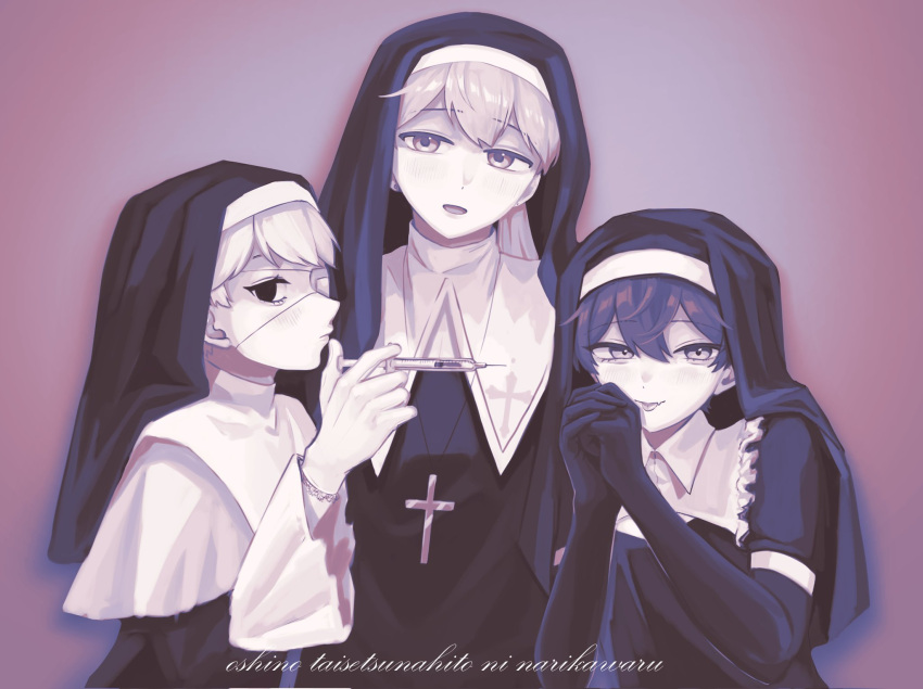 3boys, :p, amano_mashiro, blush, commentary_request, cross, cross_necklace, crossdressing