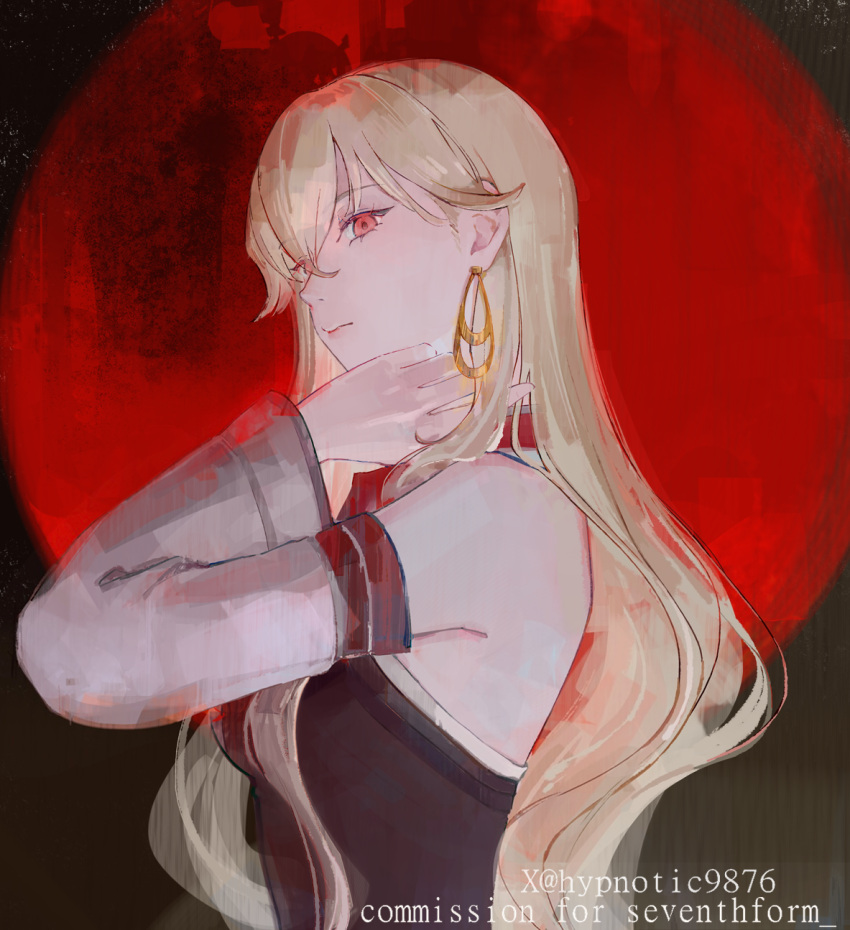 1girl, bare_shoulders, blonde_hair, breasts, closed_mouth, commission, detached_sleeves, earrings