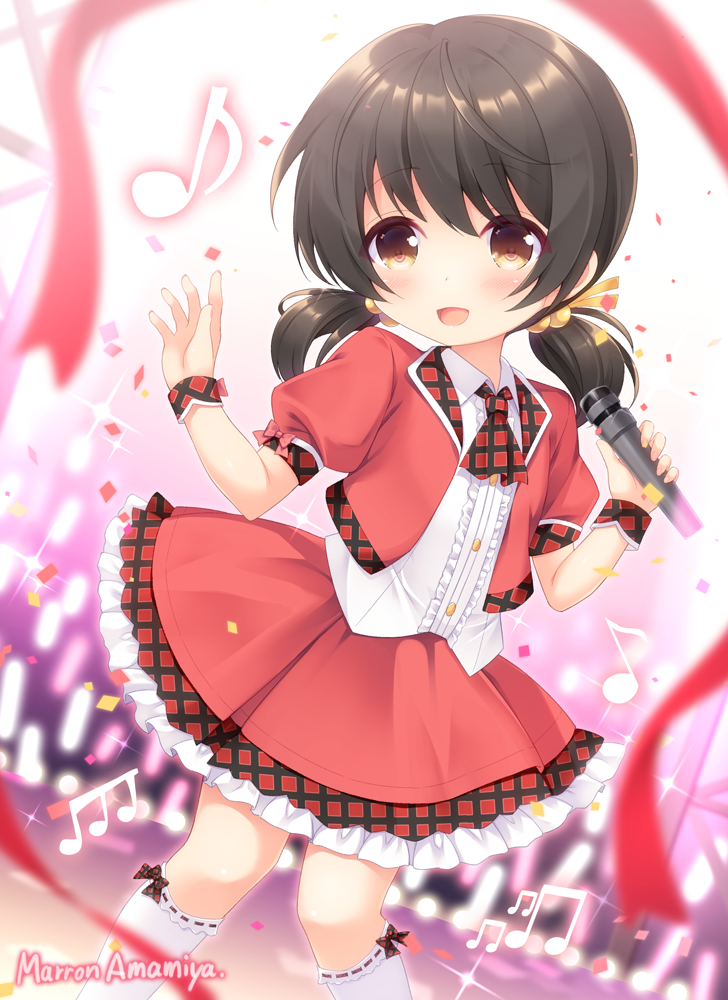 1girl, amamiya_marron, artist_name, black_hair, brown_eyes, checkered_neckerchief, child, coat, commentary_request, holding, holding_microphone, kaai_yuki, microphone, musical_note, neckerchief, plaid_trim, red_coat, red_skirt, short_twintails, skirt, solo, twintails, vocaloid