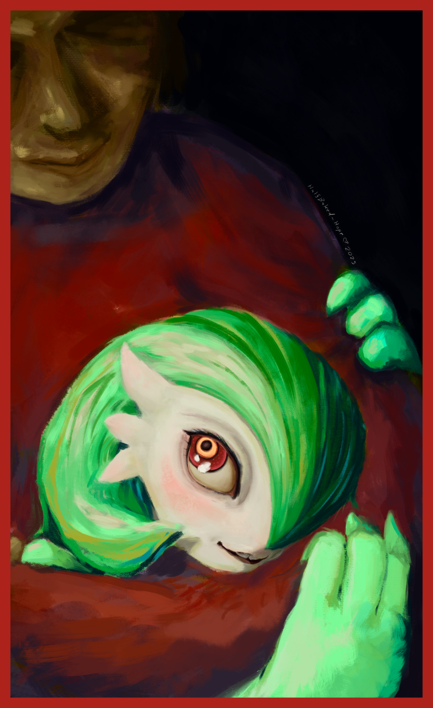 1girl, 1other, absurdres, arm_hug, artist_name, black_background, blush, bob_cut