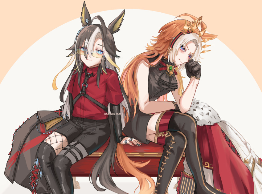 animal_ears, ascot, blue_eyes, boots, brooch, cape, collared_shirt, colored_inner_animal_ears, commentary, dream_journey_(reminder_of_dreamland)_(umamusume), dream_journey_(umamusume), ear_ornament, fishnets, fur-trimmed_cape, fur_trim, gem, glasses, gloves, green_gem, grey_hair, highres, horse_ears, horse_girl, horse_tail, jewelry, leather_body_harness, leather_strap, multicolored_hair, multiple_rings, nail_polish, orange_hair, orfevre_(control)_(umamusume), orfevre_(umamusume), ottoman_(furniture), red_shirt, ring, semi-rimless_eyewear, shirt, shorts, sitting, skirt, sleeveless, songdu, streaked_hair, tail, thigh_boots, tinted_eyewear, umamusume, white_hair, white_streaks, yellow-tinted_eyewear
