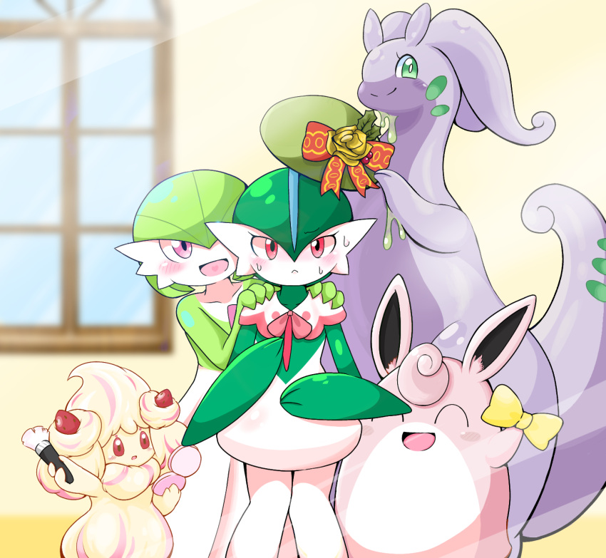 1boy, 2girls, :<, ^_^, alcremie, alcremie_(strawberry_sweet), alcremie_(vanilla_cream), arm_up, beret, blonde_hair, blue_hair, blurry, blurry_background, blush_stickers, bob_cut, bow, bright_pupils, capelet, closed_eyes, closed_mouth, collarbone, colored_skin, commentary_request, compact_(cosmetics), cosmetics, cosplay, crossdressing, crossdressing_(mtf), dressing_another, flower, food-themed_hair_ornament, full_body, gallade, gardevoir, gardevoir_(cosplay), gardevoir_(fashionable), goodra, goodra_(cosplay), goodra_(holiday), green_eyes, green_hair, green_hat, green_skin, hair_between_eyes, hair_ornament, hand_up, hands_on_another's_shoulders, hands_up, happy, hat, hat_bow, hat_flower, heart, heart_in_mouth, highres, holding, holding_bow_(ornament), holding_brush, holding_compact, holding_makeup_brush, indoors, kanimiso_na_double, knees_together_feet_apart, light_blush, looking_at_viewer, makeover, makeup_brush, mohawk, multicolored_hair, multicolored_skin, multiple_girls, open_mouth, outstretched_arm, pink_eyes, pink_hair, pink_streaks, pink_trim, pokemon, pokemon_(creature), pokemon_unite, red_bow, red_eyes, rose, short_hair, slime_(substance), smile, standing, straight-on, strawberry_hair_ornament, streaked_hair, sweat, two-tone_hair, two-tone_skin, white_capelet, white_pupils, white_skin, wigglytuff, yellow_bow, yellow_flower, yellow_rose, yellow_skin