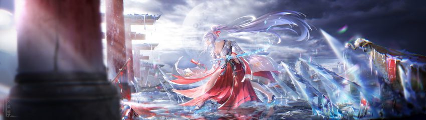 1girl, absurdres, breasts, commentary, hakama, hakama_skirt, highres, hiyuki_(wuthering_waves), holding, holding_sword, holding_weapon, huochai_xie_msc, japanese_clothes, katana, kimono, long_hair, medium_breasts, multiple_torii, ponytail, red_hakama, skirt, solo, sword, torii, weapon, white_kimono, wide_shot, wuthering_waves