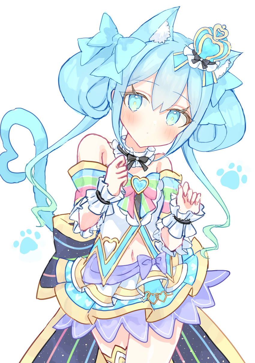 1girl, absurdres, animal_ear_fluff, animal_ears, bare_shoulders, blue_eyes, blue_hair, blue_skirt
