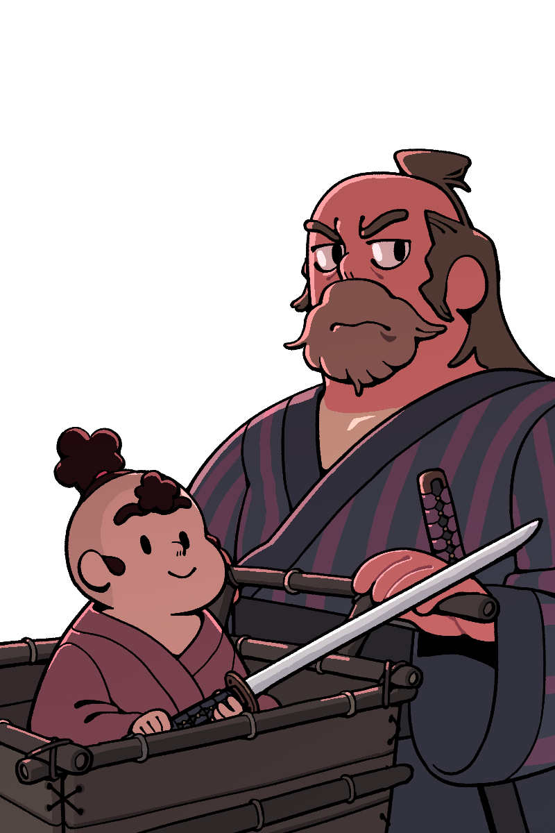 2boys, aged_down, alternate_costume, alternate_universe, baby, beard, chonmage, cosplay