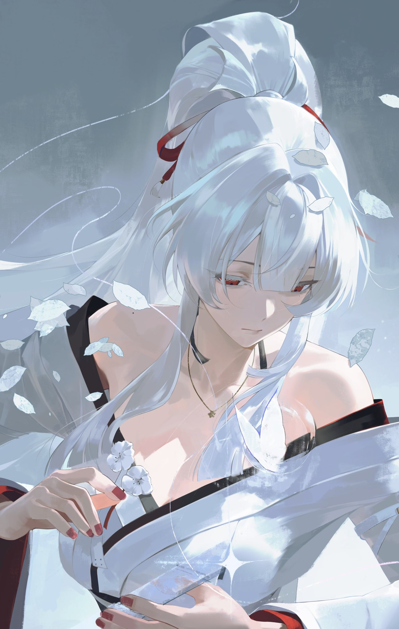 1girl, bare_shoulders, breasts, closed_mouth, collarbone, colored_eyelashes, commentary_request, highres