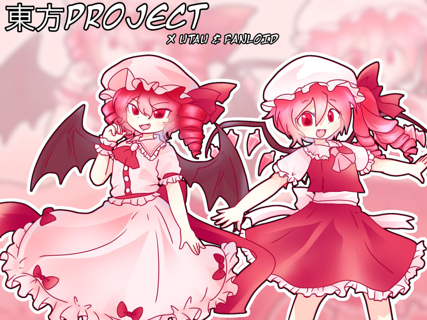 artist_request, bat_wings, cosplay, crystal_wings, drill_hair, drill_ponytail, fang, flandre_scarlet, flandre_scarlet_(cosplay), highres, kasane_teto, kasane_toriko, looking_at_viewer, pink_theme, red_eyes, red_hair, remilia_scarlet, remilia_scarlet_(cosplay), siblings, side_ponytail, sisters, touhou, twin_drills, utau, wings