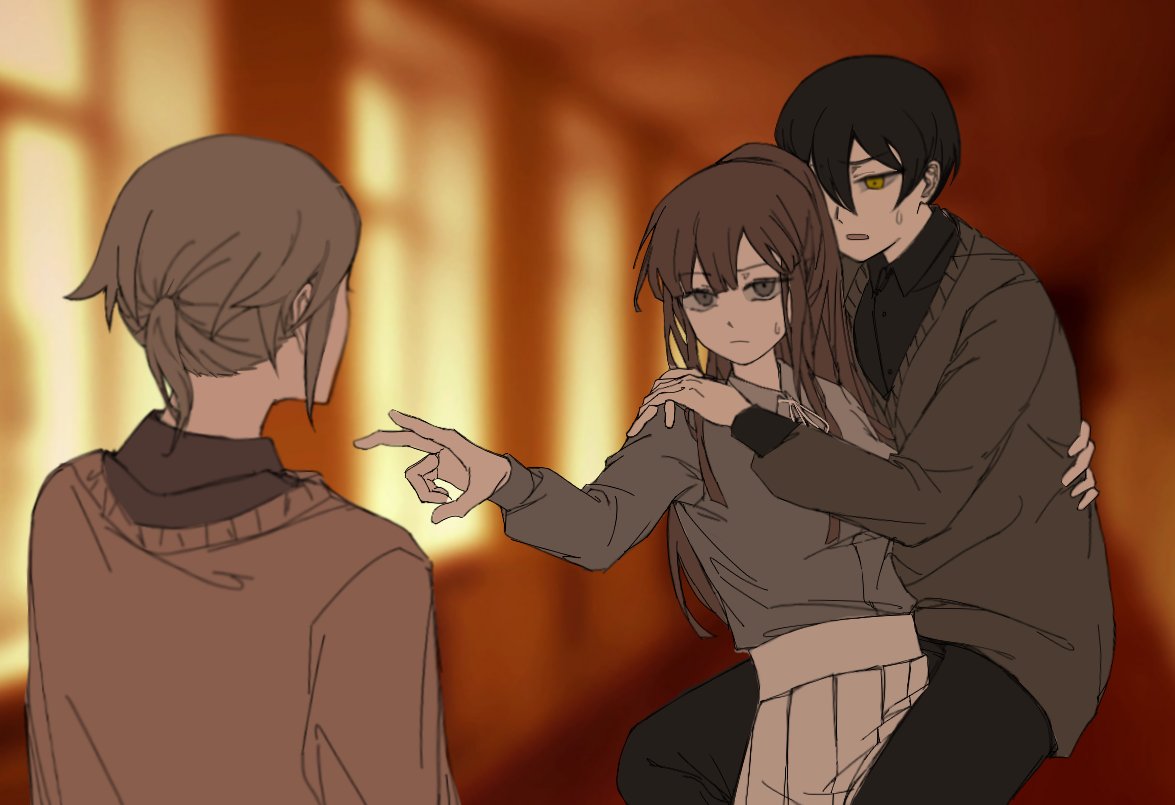 1girl, 2boys, black_hair, black_pants, black_shirt, blunt_bangs, blunt_ends, blurry