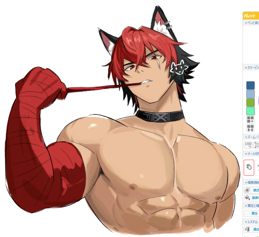 1boy, a_ohkami, abs, animal_ears, bandaged_arm, bandages, black_choker, black_hair